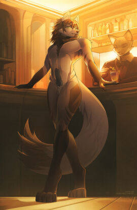 animal_genitalia animal_penis anthro balls black_penis brown_body brown_fur brown_hair canid canine canine_genitalia canine_penis cheek_tuft duo erection facial_tuft front_view fur genitals hair hi_res inside looking_at_viewer male male_anthro mammal mouth_closed neck_tuft penis standing tuft unknowhiter white_body white_fur yellow_eyes