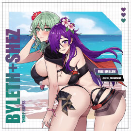2girls absurdres artist_name ass bare_shoulders bikini black_bikini black_choker blue_sky blush breasts byleth_(fire_emblem) byleth_(fire_emblem)_(female) byleth_(summer)_(fire_emblem)_(female) character_name choker closed_mouth cloud cloudy_sky commentary copyright_name day enlightened_byleth_(female) female fingernails fire_emblem fire_emblem:_three_houses fire_emblem_heroes fire_emblem_warriors:_three_hopes flower from_side green_eyes green_hair hair_bun hair_flower hair_ornament hair_over_one_eye hand_up hibiscus highres hug hug_from_behind large_breasts lips long_hair looking_at_viewer multiple_females multiple_girls nintendo ocean official_alternate_costume official_alternate_hair_color outdoors purple_eyes purple_hair rein_creamsoda shez_(fire_emblem) shez_(fire_emblem)_(female) shiny_skin sky smile swimsuit thighs water