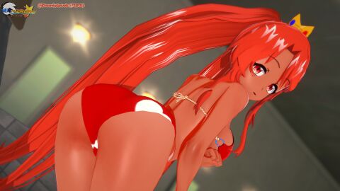 16:9 3d alternate_version_available anime_style ass ass_focus bathroom breasts cosmixlewds dark-skinned_female dark_skin female hi_res koikatsu looking_at_viewer original original_character partially_clothed pov princess red_hair rumi_kokomi_(cosmixlewds) shiny_skin sideboob starling_heroes swimsuit watermark