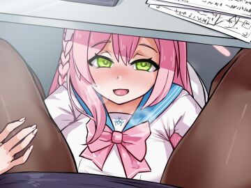 2024 2girls black_pantyhose blue_archive blue_sailor_collar blush bow bowtie female female_pov female_sensei_(blue_archive) green_eyes hanako_(blue_archive) ihcaris long_hair looking_at_viewer multiple_females multiple_girls open_mouth pantyhose pink_bow pink_bowtie pink_hair pov pov_crotch sailor_collar sensei_(blue_archive) shirt sirachi skirt smile table textless_version under_the_table white_shirt yuri