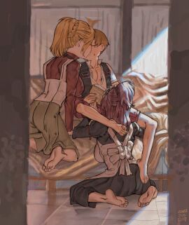 ac120 age_difference blonde_hair blowjob breasts closed_eyes clothed female ffm ffm_threesome incest kissing large_breasts lillia_greyrat maid male mother mushoku_tensei older_sucking_younger red_hair rudeus_greyrat size_difference step-incest stepmother teenage_male teenager threesome young zenith_greyrat