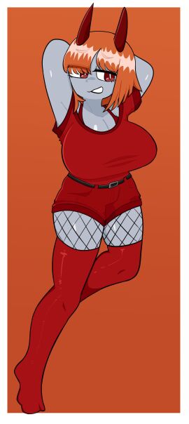 1girls 2025 arms_up belt big_breasts black_belt bra bra_strap breasts cleavage clothed clothed_female clothing commission eyebrows eyebrows_visible_through_hair feet female female_only fishnet_legwear fishnets grey-skinned_female grey_skin hands_behind_head horns kindler orange_hair paid_reward_available penismaster48 red_bra red_clothing red_eyes red_horns red_shirt red_shorts red_sleeves red_thighhighs roblox roblox_game robloxian shirt short_hair short_shorts short_sleeves shorts simple_background sleeves smile solid_color_background solo t-shirt teeth teeth_showing thighhighs thighs world_tower_defense