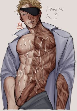 1boy abs alternate_eye_color blonde_hair blue_eyes burn_scar collarbone collared_shirt cum cum_on_body cum_on_male cum_on_pectorals eyepatch highres jujutsu_kaisen kento_nanami lips looking_at_viewer male male_focus male_only muscular muscular_male nanami_kento open_clothes open_shirt pectorals penis pulling_own_clothes rei_(bureichi) scar shirt short_hair solo standing teeth white_shirt