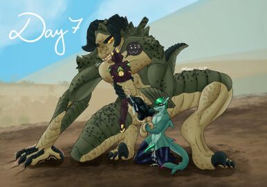 absurd_res after_sex anthro artfox26 balls balls_fondling big_penis blush bodily_fluids brown_body canid canine canis claws clothing cum deathclaw dominant dominant_male erection fallout finger_claws fish fondling generic_fur genital_fluids genitals green_body green_hair group growling hair handjob hi_res horn kneeling leaking_anus leaking_cum legwear looking_at_another looking_down looking_pleasured male male/male mammal marine microsoft monster muscular muscular_anthro muscular_male penile penis plating rough_sex scales scalie sex shark size_difference snarling submissive tan_body text thigh_highs toe_claws trio url wolf yellow_body