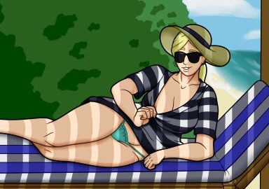 1girls beach blonde_hair dorosh female inviting milf sunglasses tugging_clothing