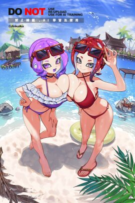 2girls barefoot beach big_boobs big_breasts bikini bikini_bottom bikini_top boob_squish boobs breast_squeeze breasts breasts_squeezed_together cleavage feet female frilled_bikini happy jinkoika legs micro nintendo octoling octoling_girl purple_eyes purple_hair red_eyes sand sandals smile splatoon splatoon_(series) sunglasses sunglasses_on_head swimwear tentacle_hair toes water