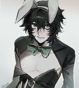 bunnysuit degrees_of_lewdity femboy fluffy_hair hyuwrii kylar_(dol) male nip_slip pleading_eyes rabbit_boy solo
