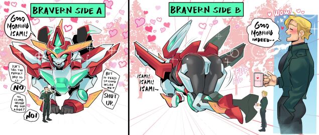 2024 3boys all_fours ao_isami ass ass_focus blush bravern closed_eyes corearde cute_face dialogue english_text gay green_eyes group heart human humanoid humor larger_male lewis_smith machine male male/male male_only mecha metallic_body motion_lines onomatopoeia open_mouth open_smile robot robot_humanoid size_difference smaller_male smile sound_effects sparkles standing super_robot teeth text trio yaoi yuuki_bakuhatsu_bang_bravern