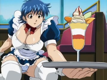 00s 1girls 2003 animated ass blue_panties breasts brown_eyes cafe cleavage couch female huge_ass large_breasts lowres nami_sos! panties skirt sundae tagme thighhighs tray underwear waitress waitress_uniform window yamane_chisato