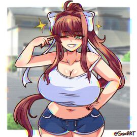 1girls alternate_version_available artist_name beauty_mark big_breasts border breasts brown_hair casual cleavage clothed_female doki_doki_literature_club female glitch_effect huge_breasts light-skinned_female light_skin mole_under_eye monika_(doki_doki_literature_club) one_eye_closed ponytail seireiart shorts smile solo solo_female thick_thighs thighs watermark white_tank_top