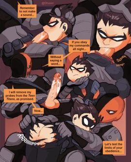 ass balls batman_(series) black_hair black_mail captured dc dc_comics deathstroke dick_grayson gay male male_rape_victim otuser penis robin_(dc) robin_(dick_grayson) robin_(teen_titans) slade_(teen_titans) slade_wilson teen_titans torn_clothes yaoi