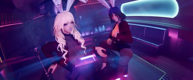 2girls 3d big_breasts black_hair blender_(artwork) blender_(software) blender_eevee blonde_hair breasts brown_fur bunny_ears bunnysuit female leotard original original_characters pasties purple_eyes purple_lipstick room stockings