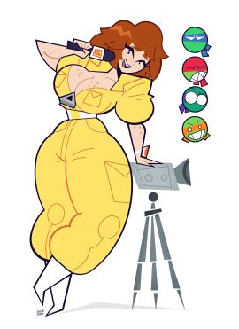 1girls 4boys april_o'neil april_o'neil_(tmnt_1987) artist_signature big_breasts boots breasts brother brothers brown_hair busty camera cleavage curvy donatello female female_focus freckles goodbyellow hourglass_figure huge_breasts jumpsuit large_breasts leonardo light-skinned_female light_skin male michelangelo microphone mutant raphael reporter solo teenage_mutant_ninja_turtles tmnt_1987 turtle voluptuous voluptuous_female yellow_jumpsuit zipper zipper_down