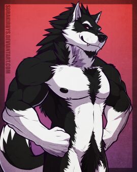 1boy 2010s 2015 abs anthro anthro_male anthro_only armpits athletic athletic_male bara basic_background biceps black_arms black_body black_nipples black_nose black_tuft breastplate buff canine cheek_tuft chest_tuft closed_hands comission completely_nude confident countershade_arms countershade_ears countershade_snout countershade_tail countershade_torso countershading digital_media_(artwork) ear ears_up excessive_pubic_hair fangs fit fit_male freckles furry furry_male furry_only gay goatee gradient_background hands_on_hips hi_res humanoid long_tail looking_at_viewer male muscular muscular_arms muscular_male neck_tuft nude nude_male open_eyes orion_(aluminemsiren) presenting_body pubic_hair red_eyes smirk smirking_at_viewer solo solo_male sorakirbys standing tail tailwag three-quarter_portrait two-tone_body watermark yaoi