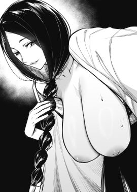 1girls areolae big_breasts black_and_white bleach breasts breasts_out collarbone female hanging_breasts inverted_nipples japanese_clothes kimono long_hair mature_female mushi024 nipples open_clothes parted_lips scar scar_on_chest single_braid smile unohana_retsu very_long_hair