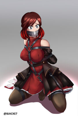 1girls 2024 2d 2d_(artwork) alternate_version_at_source artist_name blackjacke7 bondage bondage_harness breasts clothed clothed_female female female_only human human_only huntress kneeling leather_straps looking_away mature_female milf nervous nervous_expression questionable realistic_proportions red_hair rwby short_hair silver_eyes simple_background solo solo_female summer_rose tape_gag two-tone_hair white_background wide_eyed