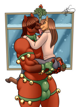3:4 anthro ass bell bell_harness brown_hair bulge cayenne_(freckles) christmas clothing collar colored_nails detailed_bulge duo equid equine freckles_(artist) fur gloves hair hair_over_eyes hand_on_ass hand_on_butt handwear harness holidays hooves jingle_bell jingle_bell_armband jingle_bell_harness jingle_bell_legband jingle_bell_wristband kissing lifting lifting_partner long_hair male male/male mammal mistletoe mistletoe_on_tail muscular muscular_anthro muscular_male nails plant red_body red_fur simple_background size_difference snow sweater text tongue tongue_out topwear yellow_body yellow_fur