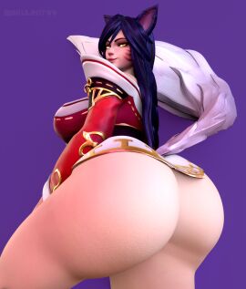 1girls 3d ahri ass black_hair blender bottomless bubble_ass bubble_butt default_ahri female fox_ears fox_girl fox_tail huge_ass league_of_legends league_of_legends:_wild_rift looking_at_viewer simple_background skulrot99 solo thick_thighs