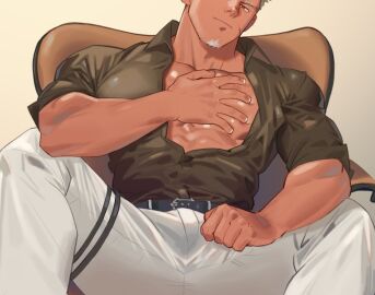 1boy bara bare_pectorals bulge gay gay_male large_pectorals male male_focus male_only muscular muscular_male original original_character pants pectorals short_hair thick_eyebrows yaoi youchi123