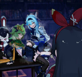 3girls ahoge amber_(genshin_impact) animal_ears awkward baron_bunny_(genshin_impact) black_hairband blue_hair blue_necktie blush brown_hair capelet caught collei_(genshin_impact) dress eula_(genshin_impact) female fingering genshin_impact gloves green_hair hair_between_eyes hair_ornament hair_ribbon hairband highres library long_hair long_sleeves lucifina lucifina006 lucifina_006 medium_hair multiple_females multiple_girls necktie on_table open_mouth purple_eyes red_ribbon ribbon spread_legs steaming_body table thighhighs thighs trembling walk-in yellow_eyes yuri