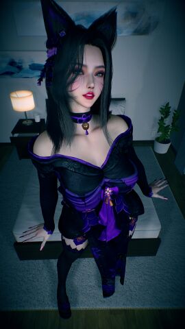 1girls 3d 4k accessory ahri ahri_(league_of_legends) animal_ears aqua_eyes beauty_mark bed bedroom big_breasts black_hair breasts choker chromatic_aberration crashbanditkut earrings eyelashes eyeshadow feet female female_focus footwear fox fox_ears fox_girl full_body glitter hair hi_res high_resolution highres kemono league_of_legends light-skinned_female light_skin lips lipstick long_eyelashes long_hair long_nails looking_at_viewer makeup mole mole_under_eye nail_polish nails red_lipstick riot_games solo stockings video_game_character video_games virt-a-mate virtamate