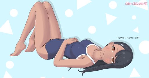 1girls black_hair breasts brown_eyes clothed clothing female_focus female_only hayase_nagatoro long_hair looking_at_viewer looking_back navel nico_kobayashi nipples please_don't_bully_me nagatoro pose revealing_clothes simple_background small_breasts smile solo swimsuit watermark