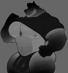 anthro balls bara big_balls big_bulge big_pecs big_penis bulge canine flaccid furry grave_(milkblend) male male_only milkblend muscles muscular muscular_chest muscular_male pecs penis shirt shirt_lift solo solo_male wolf yaoi