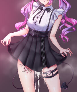 absurdres belt beltskirt black_belt black_bow black_bowtie black_skirt bow bowtie breasts clothes_lift contrapposto cowboy_shot cum cum_overflow cumdrip demon demon_tail excessive_cum fang_out female frilled_sleeves frills head_out_of_frame high-waist_skirt highres holoforce hololive hololive_japan jewelry jirai_kei leg_tattoo long_hair medium_breasts miniskirt o-ring o-ring_thigh_strap oerba_yun_fang official_alternate_costume piercing pink_hair pleated_skirt pom_pom_(clothes) purple_hair ring shirt short_sleeves skirt skirt_lift solo steam succubus succubus_tattoo suspender_skirt suspenders tail tail_ornament tail_piercing tattoo thigh_strap tokoyami_towa tokoyami_towa_(jirai_kei) virtual_youtuber white_shirt zellam