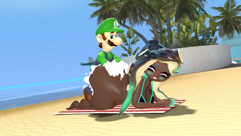 3d 3d_(artwork) big_ass_(female) big_booty big_butt_(female) bottomless bubble_butt_(female) crossover dark-skinned_female dark_skin female kaibernation light-skinned_male light_skin luigi male marina_(splatoon) mario_(series) nintendo splatoon splatoon_(series) splatoon_2