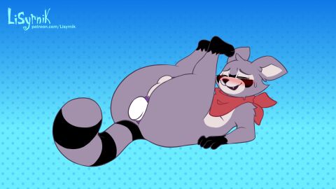 anal animated anthro anus balls black_body black_fur blue_background blush bodily_fluids closed_eyes cum cum_inside disembodied_penis fur genital_fluids genitals hi_res indigo_park lisyrnik lying male male_only mammal on_back open_mouth patreon penis procyonid raccoon rambley_raccoon simple_background smile solo sweat text url