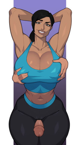 1boy 1girls abs athletic athletic_female big_breasts breast_grab breasts clothed_female consensual edit faceless_male female female_on_male female_on_top fondling_breast male maximum_strike_edit muscular muscular_female nonpenetrative_sex simple_background thigh_sex zpark