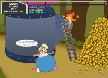 2024 activision anal anal_sex anthro bandicoot belly belly_expansion big_belly coco_bandicoot counter crash_(series) crash_bandicoot devious_grin donation_drive duo english_text expansion female food forest fruit hi_res huge_belly hyper hyper_belly inflated_belly inflation jungle jungle_background ladder liquid_inflation machine male mammal marsupial ohdeeriemay penetration plant sitting sitting_on_ground speech_bubble text tree wumpa_fruit