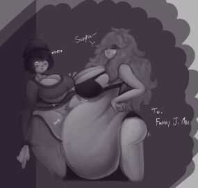 2girls ass bbw big_belly black_and_white breasts chubby fat_female female greyscale large_breasts spaghetticultists vore vore_belly