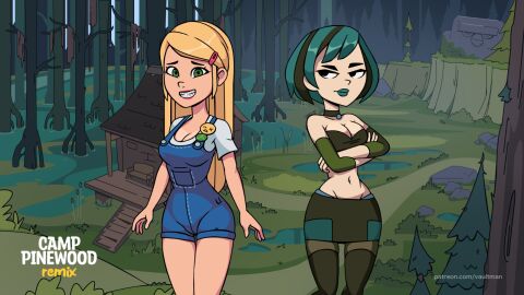 2girls adonis_belt black_eyes black_hair black_shirt blonde_hair boots braces breasts button_badge camp_pinewood camp_pinewood_remix cleavage collar collarbone crop_top crossed_arms detached_sleeves eyebrows eyelashes female forest game_cg green_eyes green_hair green_lipstick gwen_(tdi) hair_ornament hairpin large_breasts lips lipstick long_hair looking_at_viewer looking_away melinda_(vaultman) navel original_character overalls panties pink_hair pink_lipstick skirt small_waist smile stockings teeth thighhigh_boots thighs total_drama_island trees two-tone_hair vaultman waist water watermark white_shirt wide_hips