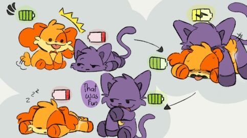 annoyed anthro anthro_on_anthro anthro_only battery_indicator blep canine catnap catnap_(poppy_playtime) chibi crescent crescent_moon critters_(poppy_playtime) cute cute_expression cute_eyes cute_face cute_male dogday dogday_(poppy_playtime) doggy domestic_cat domestic_dog feline furry_only hebakawal male male/male no_humans orange_fur orange_skin panting plushie poppy_playtime poppy_playtime_(chapter_3) purple_fur purple_skin sex smiling_critters tagme text tired zzz