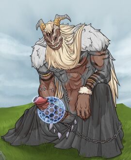 abs beaf biceps black_sclera bodily_fluids brown_body chains clothed clothing cloud demon facial_hair frieren_beyond_journey's_end genitals goatee grass hair horn humanoid inanimate_transformation ineffective_clothing long_hair magic_shield male male_only muscular obliques pecs penis petrification plant qual_(sousou_no_frieren) sky solo sousou_no_frieren surgical_suture sweat tattoo toothy_grin topless transformation vein veiny_penis