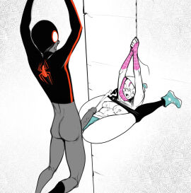 1boy 1girls breasts canon_couple converse_shoes costume couple cum cum_in_mouth cum_in_pussy cum_on_breasts cum_on_face cumshot dark-skinned_male dark_skin female female_focus ghost_spider gwen_stacy gwen_stacy_(spider-verse) huge_cock interracial izra large_penis legs legs_apart legs_held_open legs_up lifted_top light-skinned_female light_skin long_legs long_penis male male/female marvel marvel_comics mask medium_breasts miles_morales open_mouth outdoor_sex outdoors outside panties pants pants_down penis pleasure pleasure_face pleasured pleasured_face pussy romantic_couple semen sex skin_tight skintight sneakers spider-gwen spider-man spider-man:_into_the_spider-verse spider-man_(miles_morales) spider-man_(series) spider_web spread_legs superhero superhero_costume superheroine teeth tongue vein veins veiny veiny_penis