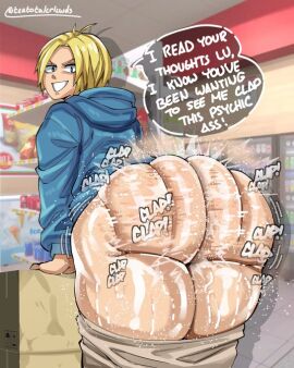 ass ass_focus ass_ripple big_ass blond blonde blonde-haired_male blonde_hair blonde_male blue_eyes blue_hoodie child_bearing_hips clapping clapping_ass clapping_butt clapping_buttocks clapping_cheeks femboy hoodie huge_ass light-skinned_male light_skin male male_only oiled oiled_ass oiled_skin oíl provocating psychic rippling_ass sakamoto_days shin_(sakamoto_days) smile solo store teasing teatotalerlewds thick_thighs twerking wide_hips