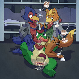 3boys after_anal after_sex amphibian anthro anus argon_vile ass ass_to_mouth avian balls baseball_cap beak blue_body blue_eyes blue_feathers bodily_fluids bottomless bottomless_male brown_eyes canid canine clothed clothing cum cum_in_ass cum_inside cum_on_belly cum_on_body dialogue double_oral english_text erection falco_lombardi feathers flaccid fluffy_balls fox fox_mccloud frog fur gaping gaping_anus gay genital_fluids genitals green_body group group_sex hat headgear headwear hi_res jacket kerchief kneeling lying male male/male mammal neckerchief nintendo on_back open_clothing open_jacket open_topwear oral orange_body orange_fur partially_clothed penis pubes sex slippy_toad speech_bubble star_fox sweat text threesome topwear trio yellow_beak