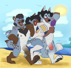 2020 4_toes 5_fingers abs ambient_bird anthro austeria ball_(object) balls big_penis biped black_hair black_nose body_hair breasts brother brother_(lore) brother_and_sister_(lore) brothers_(lore) brown_body brown_fur brown_glans brown_penis brown_spots chest_hair claws closed_eyes cloud countershade_fur countershading day dipstick_tail eurus_(cooner) eyebrows eyewear feet female female_anthro finger_claws fingers flaccid food fur genitals glans glasses gloves_(marking) green_eyes grey_body grey_fur group hair hi_res holding_ball holding_food holding_object holding_popsicle holding_volleyball humanoid_genitalia humanoid_penis hyena jewelry leg_markings male male_anthro mammal markings multicolored_body multicolored_fur muscular muscular_anthro muscular_male necklace necklace_only nipples nude open_mouth open_smile orlandofox outside paws penis penis_size_difference pink_glans pink_nipples pink_penis popsicle public public_nudity sand seaside sibling_(lore) signature sister_(lore) sky smile socks_(marking) spots spotted_hyena spotted_markings spotted_tail sun tail tail_markings teeth thick_penis toes tongue trio volleyball_(ball) walking wearing_glasses whisker_spots white_body white_fur zephyrus_(cooner)