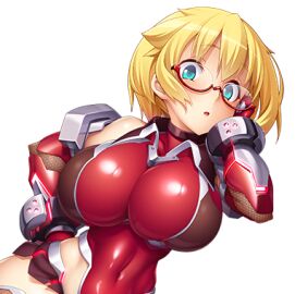 bare_shoulders battle_suit battlesuit blonde_hair blue_eyes bodysuit breasts female female_focus female_only game_cg glasses hand_on_face huge_breasts looking_at_viewer looking_down navel navel_visible_through_clothes open_mouth potion_(moudamepo) red_bodysuit red_suit shinohara_mari short_hair small_image taimanin_(series) taimanin_rpgx tight_bodysuit tight_clothing transparent_background upper_body