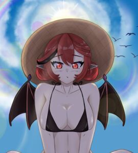 breasts female large_breasts pointy_ears r3mu red_hair swimsuit virtual_youtuber wings