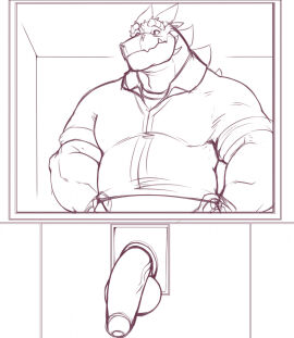 anthro balls belly chibsarts chiderg clothing dragon flaccid foreskin genitals glory_hole hi_res male musclegut muscular muscular_male mythological_creature mythological_scalie mythology partially_retracted_foreskin pecs penis presenting_penis retracted_foreskin scalie shirt solo topwear uncircumcised