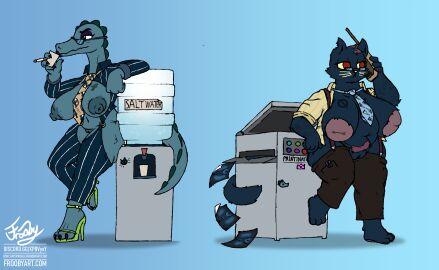 1980s_theme absurd_res anthro bea_santello belly beverage big_breasts black_body breasts chest_tattoo cigarette clothed clothing container crocodile crocodilian cup digital_media_(artwork) domestic_cat drinking duo electronics english_text eyewear felid feline felis female footwear frooby fur genitals glasses green_body hair hi_res high_heels inverted_nipples legwear lipstick long_neck mae_borowski makeup mammal mature_female nails necktie night_in_the_woods nipples on_phone open_clothing open_shirt open_topwear phone photocopier photocopying_butt pinstripes pressing_button printer pubes red_eyes reptile scalie shirt shoes signature simple_background skimpy slightly_chubby suit suit_jacket suit_pants suspenders tail tattoo text thigh_highs topwear vulva water_cooler whiskers