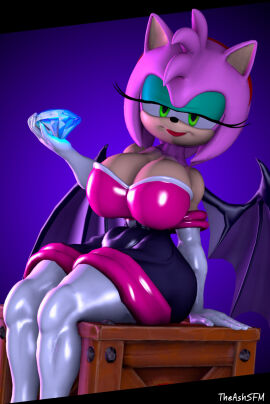3d amy_rose amy_the_bat ash555 big_breasts bodysuit breasts busty chaos_emerald curvy female neckline rouge_the_bat_(cosplay) seductive sonic_(series) spandex_suit theashsfm thick_thighs