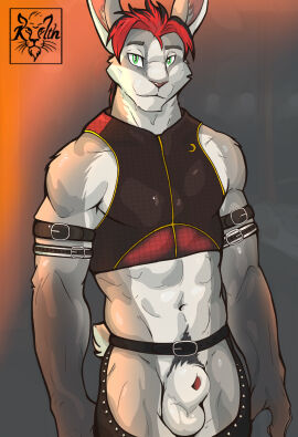 anthro balls belt clothing genitals hi_res kaelth lagomorph leporid male mammal nude penis rabbit smile solo topwear