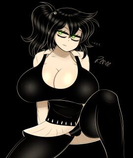 1girls 4k big_breasts black_hair breasts breasts_bigger_than_head clothed clothing dead_eyes female glowing_eyes goth gothtrishy green_eyes hi_res highres huge_breasts leggings looking_away messy_hair milf mother_(the_coffin_of_andy_and_leyley) panties ponytail renee_graves shiny_breasts shiny_clothes shiny_hair skirt skirt_lift text the_coffin_of_andy_and_leyley tired tired_eyes work_uniform