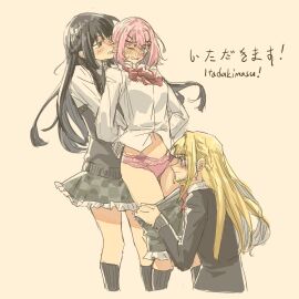 3girls amaori_renako anggur azjames34 bangs belly belly_button black_hair blonde_hair blush blushing_female breasts clothed ear_bite exposed_midriff exposed_panties exposed_thighs female female_focus female_only femdom femsub fff_threesome frilled_panties horny_female imminent_oral imminent_sex itadakimasu japanese_text koto_satsuki lesbian long_hair medium_breasts multiple_females multiple_girls ouzuka_mai panties pink_hair pink_panties polyamory questionable_consent restrained school_uniform schoolgirl skirt_down skirt_pull skirt_removed threesome undressing_another watashi_ga_koibito_ni_nareru_wake_naijan_murimuri yuri