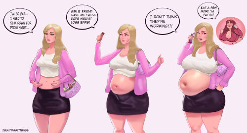 belly_button belly_expansion belly_inflation blonde_hair breast_expansion breast_growth breast_growth_(enlargement) breast_inflation breasts cady_heron eating fat female inflation jigglywiggly mean_girls prank regina_george teasing weight_gain weight_gain_female