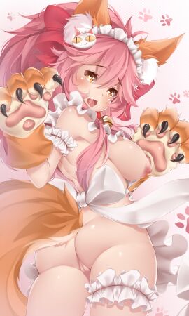 animal_ear_fluff animal_ears animal_hands apron ass bare_shoulders bell blush bow breasts brown_eyes butt_crack cat_hair_ornament collar fate/grand_order fate_(series) female female_focus fox_ears fox_tail frilled_thigh_strap hair_ornament hairbow hands_up heart-shaped_pupils highres kanachirou large_breasts long_hair looking_at_viewer looking_back maid_headdress nearly_naked_apron neck_bell nipples open_mouth paw_print pink_hair ponytail saliva solo symbol-shaped_pupils tail tamamo_(fate) tamamo_cat_(fate) tamamo_cat_(third_ascension)_(fate) tamamo_no_mae_(fate) thigh_strap tongue tongue_out twitter_username watermark